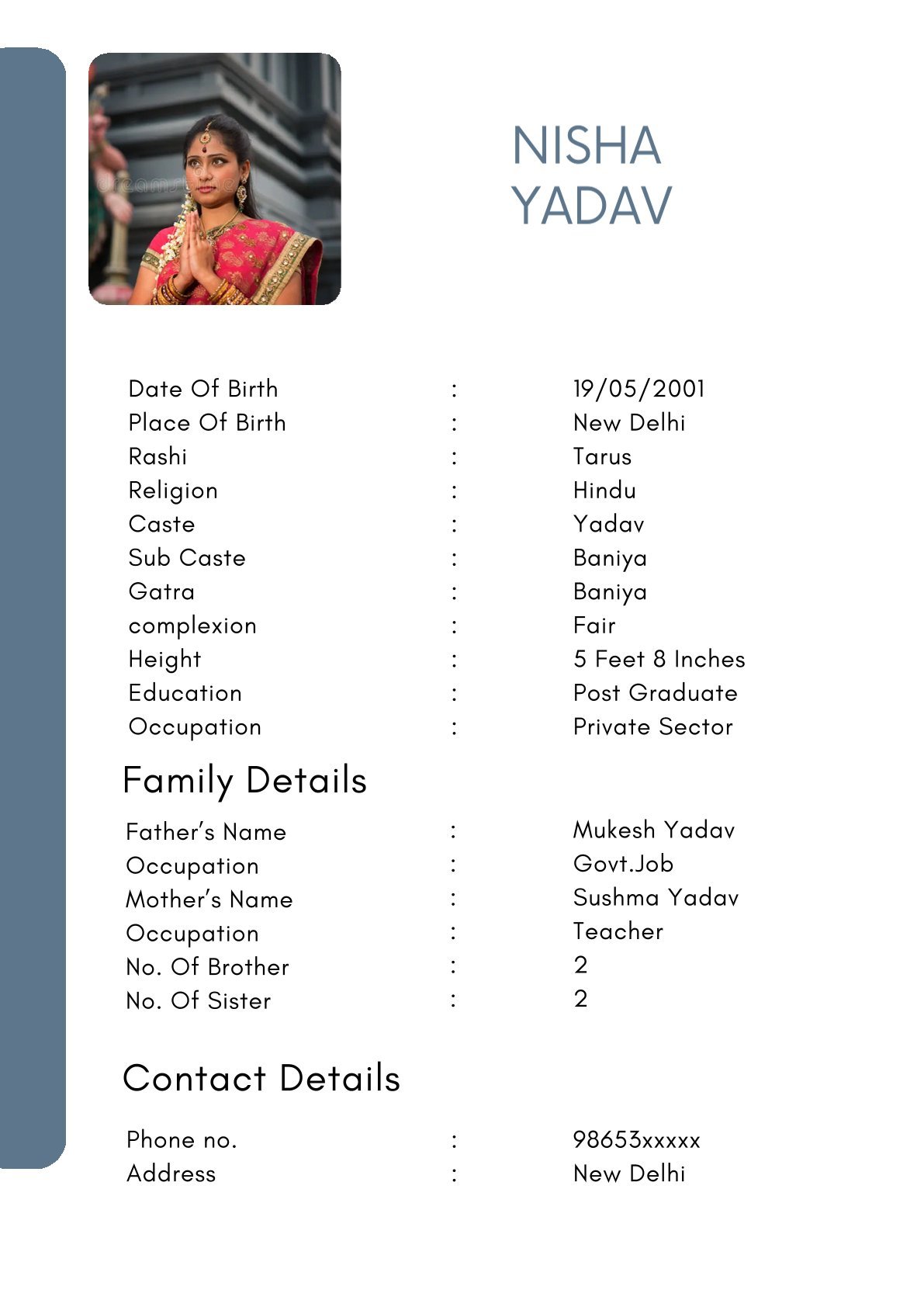 Stylish Hindu Girl Biodata Template for Marriage