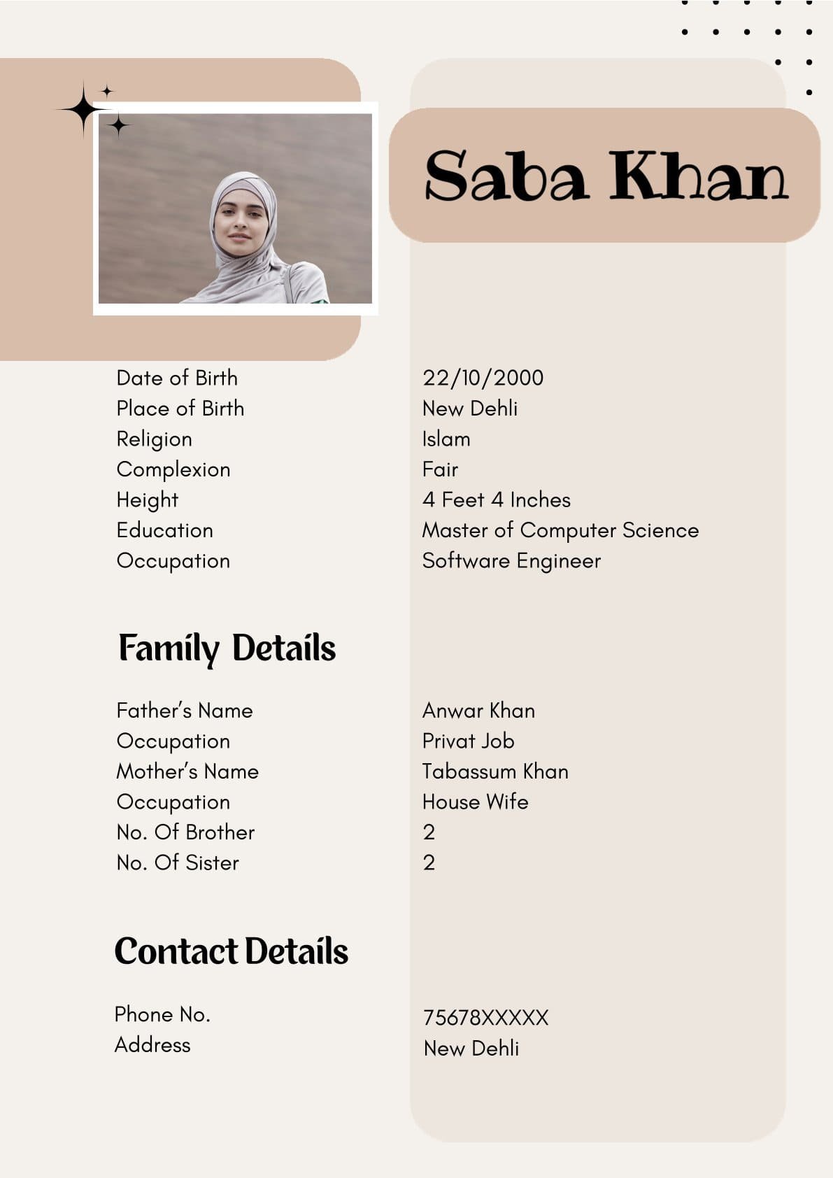 Stylish Muslim Girl Biodata Format for Marriage