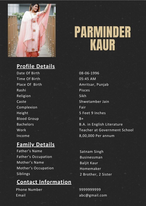 Stylish Sikh Girl Biodata Format for Marriage