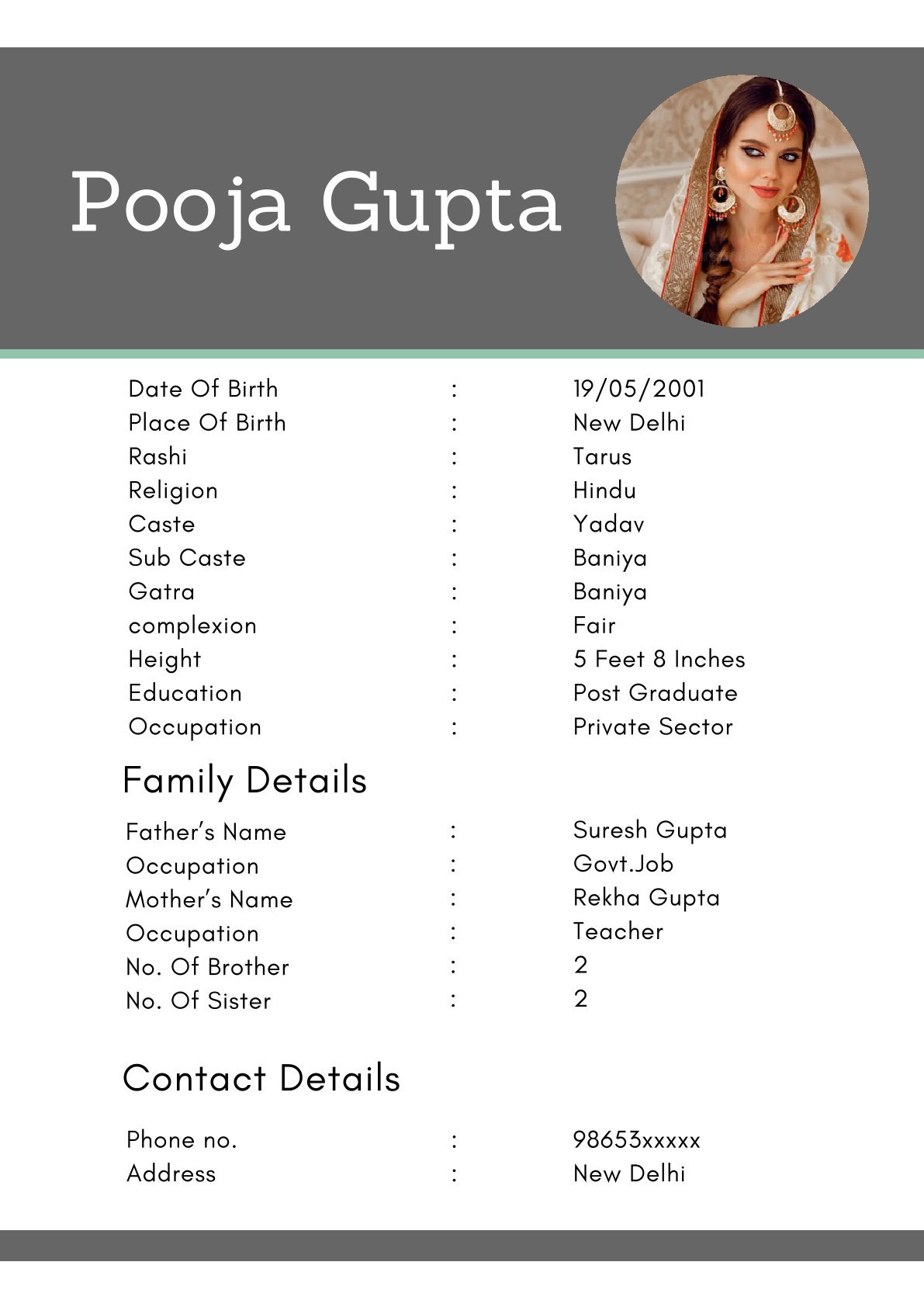 Traditional Hindu Girl Biodata Format for Marriage