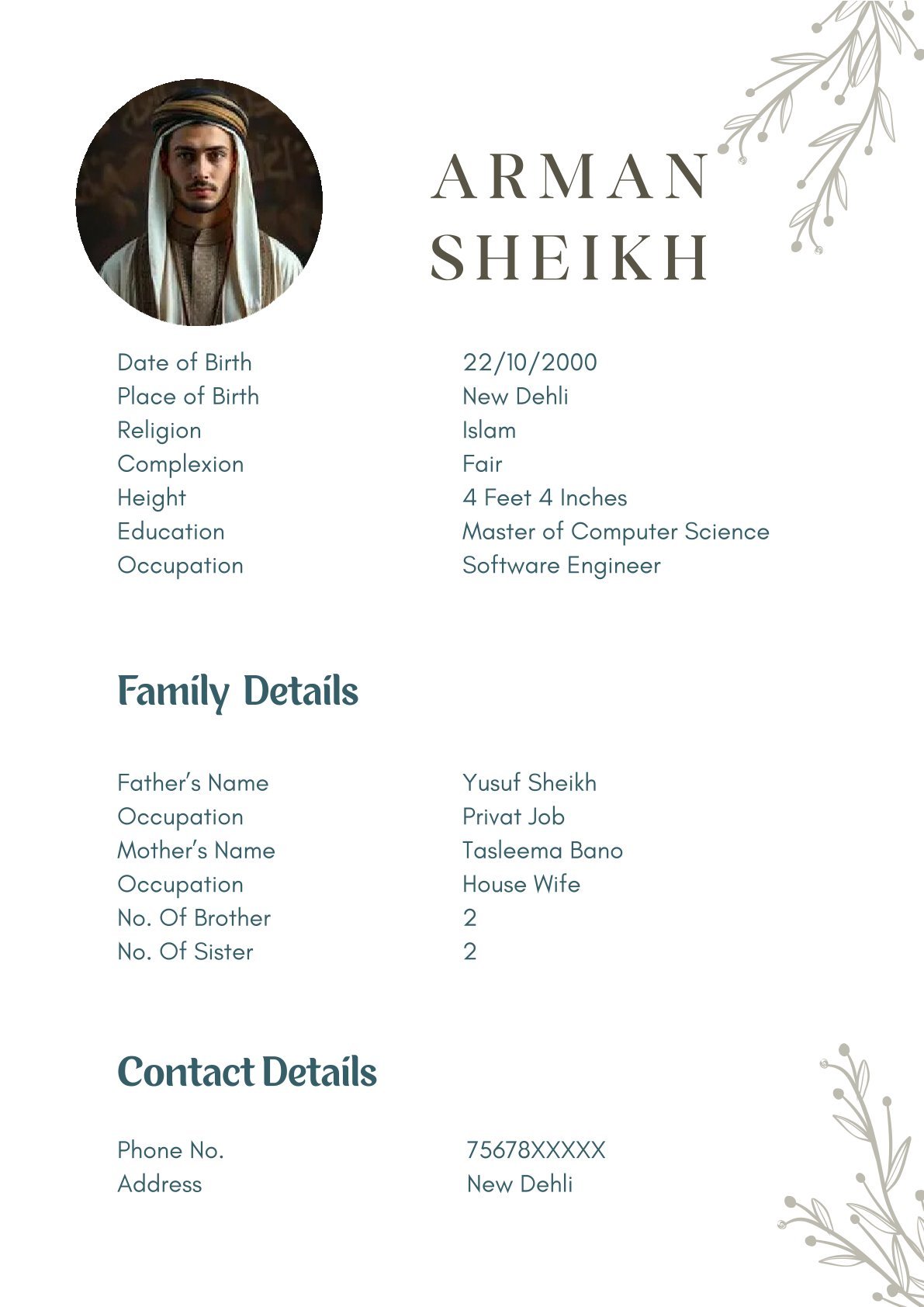 Traditional Muslim Boy Biodata Format