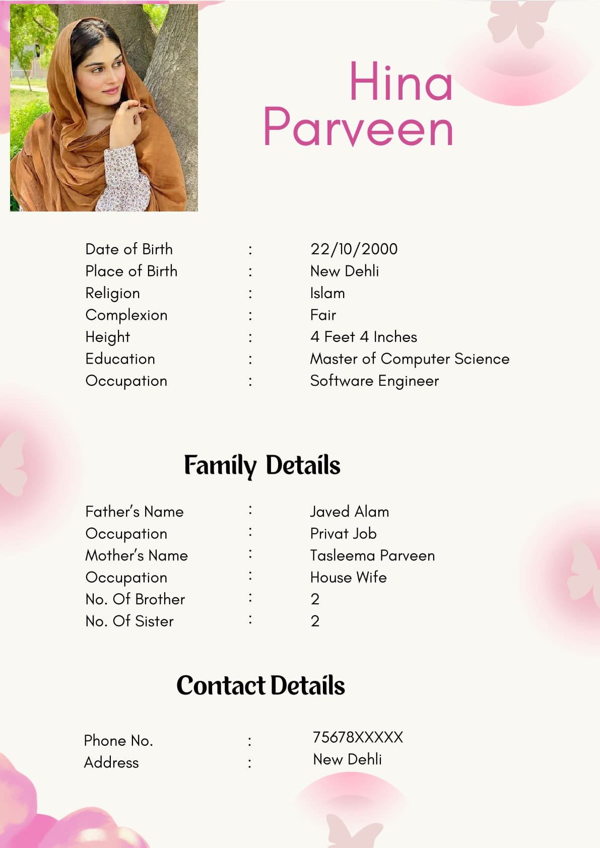 Traditional Muslim Girl Biodata Format