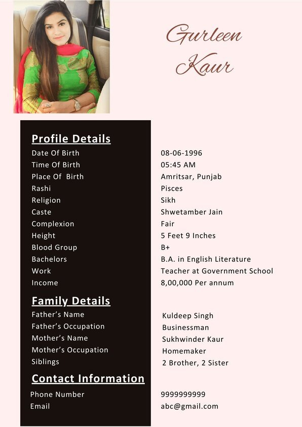 Traditional Sikh Girl Biodata Format for Marriage